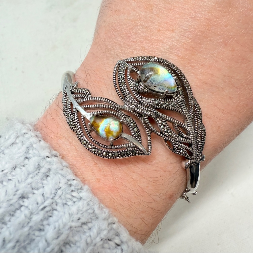 Silver Plated Abalone Peacock Feather Marcasite Hinged Bracelet 7" SLC